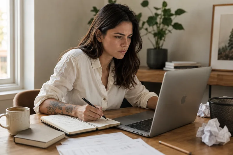 Empreendedora concentrada no notebook, com caderno e anotações na mesa