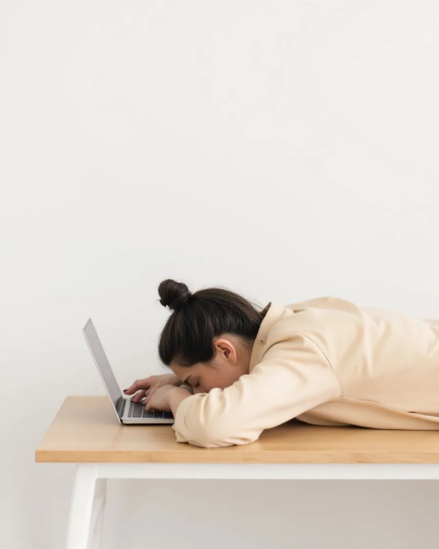 Mulher exausta deitada sobre o teclado do notebook