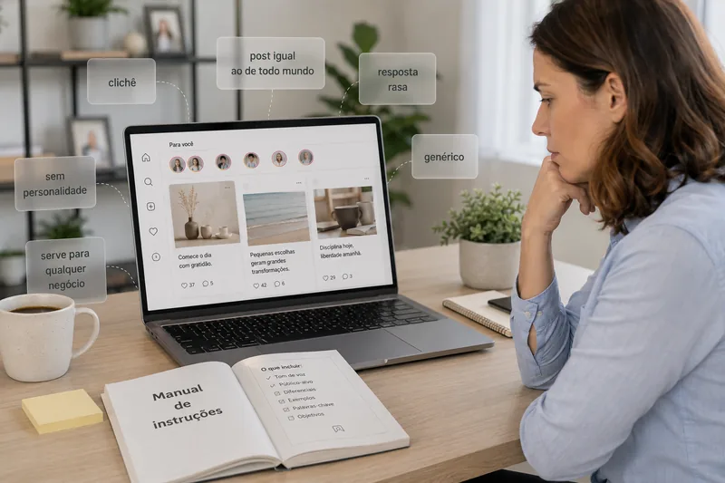 Mulher olhando posts genéricos na tela, cercados de rótulos como clichê, genérico e serve para qualquer negócio