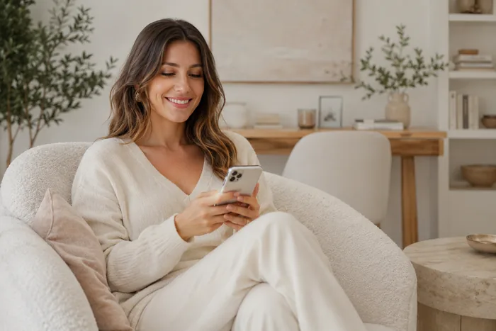 Mulher sorrindo relaxada no sofá, olhando o celular